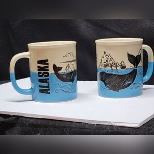 Vtg 1983 Alaska Whale Coffee Mugs Set of 2 ACE 83 Embossed Stoneware Souvenir